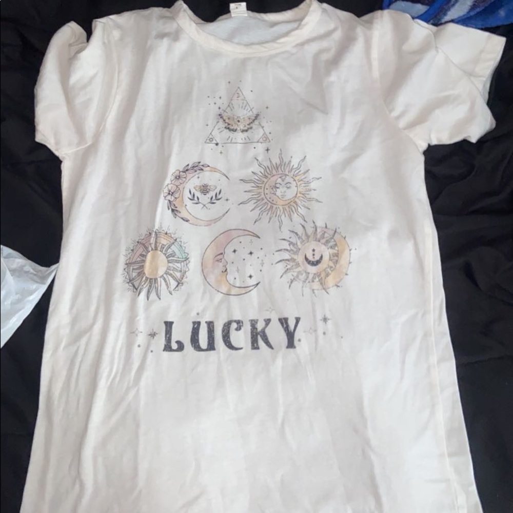 white graphic t, worn never, size L but fits like a M oversized